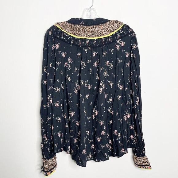 FREE PEOPLE Black Floral Paloma Pleated Printed Blouse Top Sz. M Medium - Picture 5 of 5
